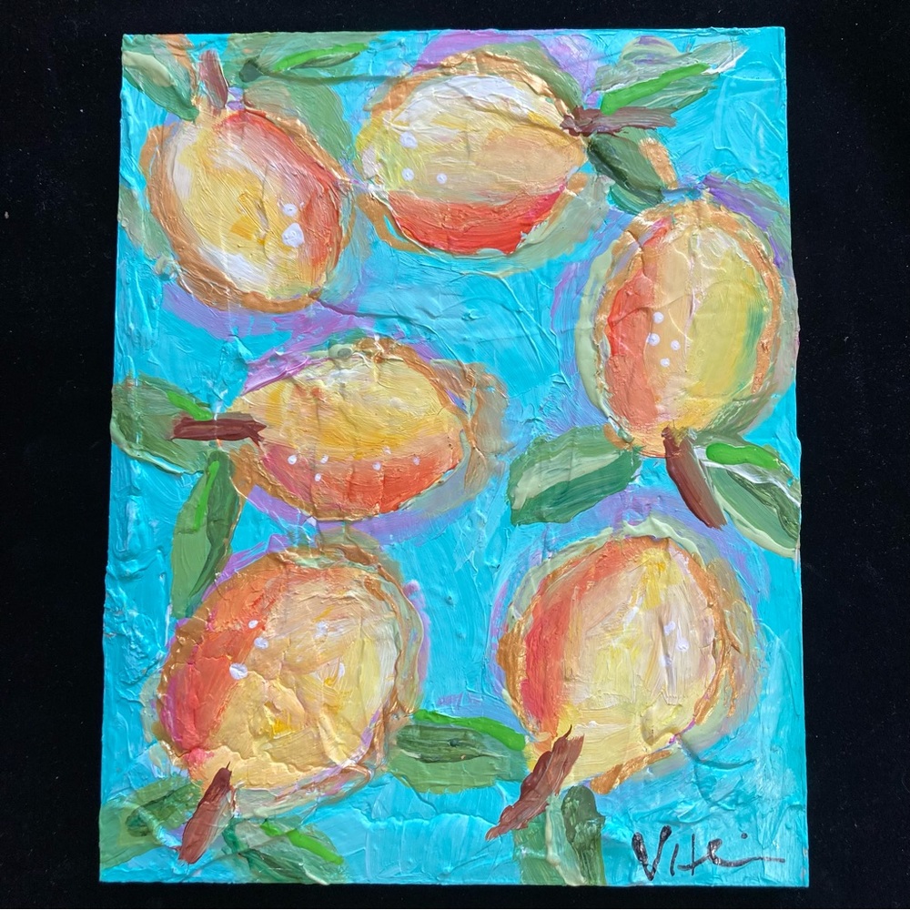 Summer Lemons On Aqua Original Textured Acrylic Painting  8”x10”